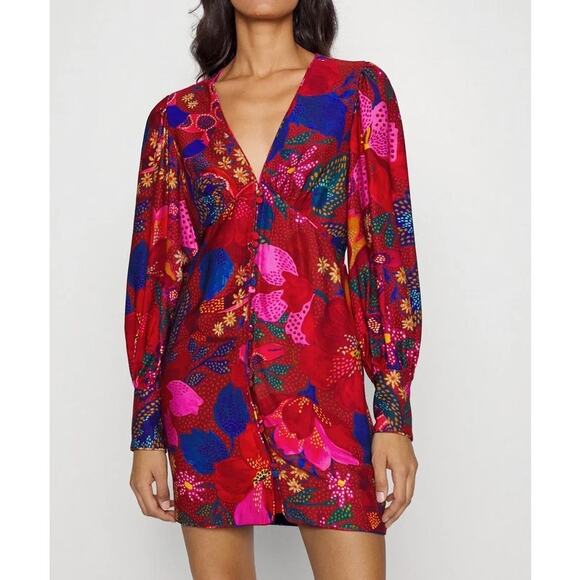 Farm Rio Red Wild Life Long Puff Sleeve Mini Dress Snake Garden Red Medium